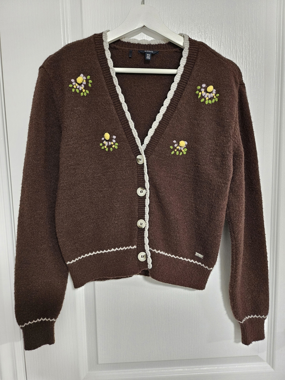 Buffalo David Bitton Brown V‑Neck Embroidered Cardigan